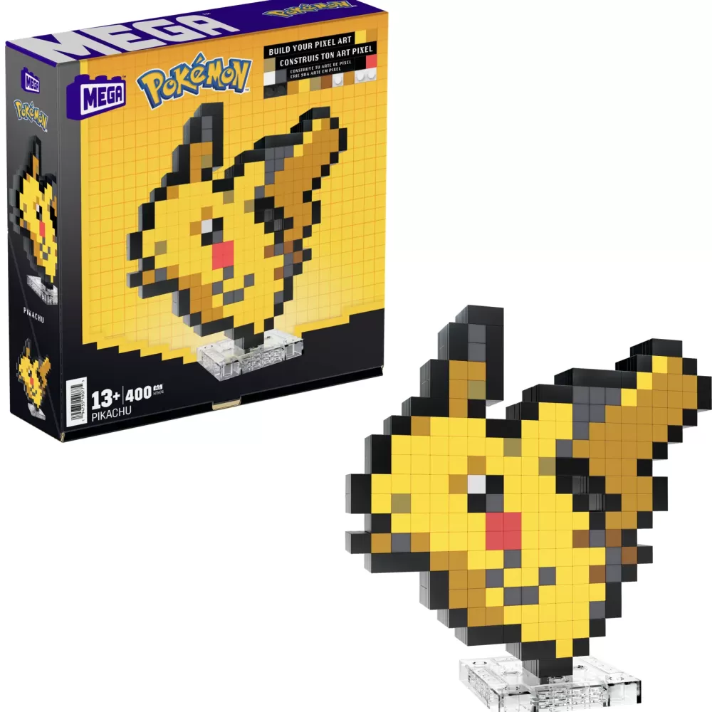 Sale Mega Pokemon Showcase Pikachu, Set In Stile Retro Pixelato Da Costruire Con 400 Pezzi, Con Base Piana Per Esporlo E Incisione Sul Retro Per Appenderlo Set Costruzioni