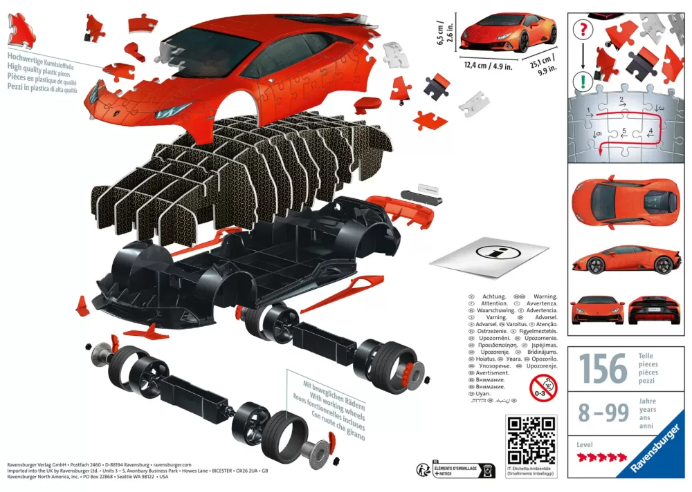 New Lamborghini Huracan Evo Arancione, 108 Pezzi, 8+ Anni Puzzle 3D
